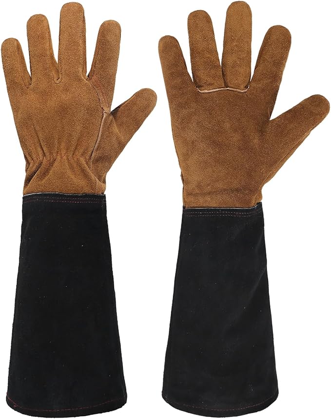 HANDLANDY Leather Gardening Gloves for Men & Women, Rose Pruning Thorn Proof Garden Glove, Long Sleeve Gauntlet Gloves (Caramel Brown, Large)