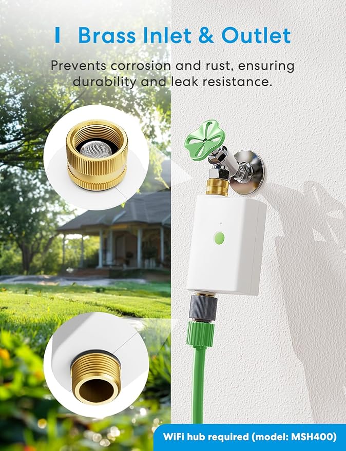 meross WiFi Water Hose Timer, Smart Sprinkler Timer with Brass Inlet & Outet, Work with Apple Homekit, Alexa & Google Assistant, Water Valve for Lawn, Garden, Yard and Pool, MSH400/MSH450 Hub Required