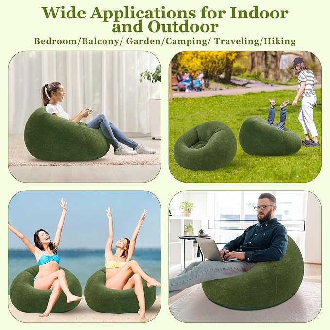 Realspring Inflatable Bean Bag Chairs Outdoor Blow up Camping Chairs Inflatable Lazy Sofa Folding Portable Bean Bag Loungers Couch for Movie Night(Dark Green,6 Pcs)