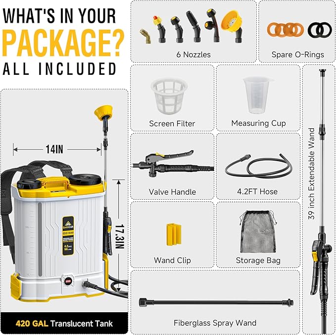 4.2 Gal Battery Powered Backpack Sprayer Compatible with DeWalt 20V Battery (NOT Included), Equipped with Mixing System, Backpack Garden Sprayer with 6 Spray Nozzles for Lawn, Garden, Yard