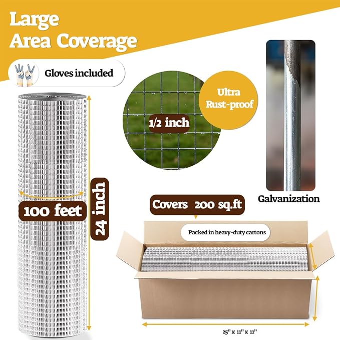 HORCH Hardware Cloth 1/2 inch 24 x 100 ft 19 Gauge, Hot-dip Galvanized After Welding, Chicken Wire Mesh Roll, Chicken Wire Fencing, Wire Fence Roll, Tree Guard, Mesh & Wire Cloth, Rat Wire