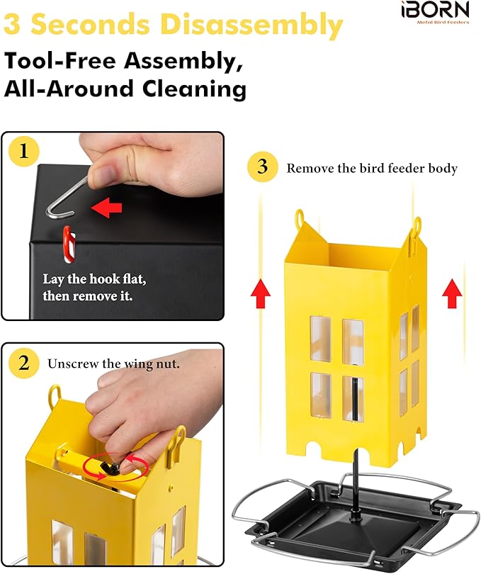 iBorn Bird Feeder House, Metal Bird Feeders for Outdoors Hanging,Double-Sided Metal Hanger & Weatherproof, Easy to Clean & Refill, 1.5 Lbs Capacity, Yellow
