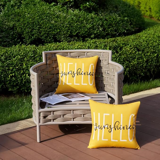DFXSZ Outdoor Pillow Covers 20x20 Inch Set of 2 Hello Sunshine Decor Yellow Waterproof Summer Outdoor Waterproof Pillow Covers Decor for Patio Funiture Garden Sofa Couch 020B20