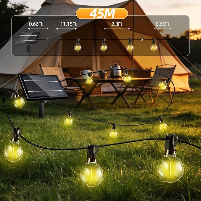 Solar Lights Outdoor Waterproof: G40 45M 150FT Shatterproof Bulbs Patio Lights - Solar Powered 3 Light Modes Solar Light - Camping Backyard Garden Deck Outside Yard