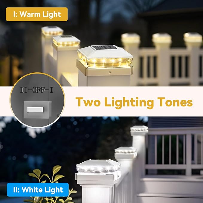 KEILAIMO Solar Post Cap Lights Outdoor, 6 Pack Upgraded Waterproof Deck Fence Post Solar Lights for 3.5x3.5 4x4 5x5 Vinyl/Wood Posts, 10-12 Hours Warm/Cool White Glow for Garden/Patio/Porch - White