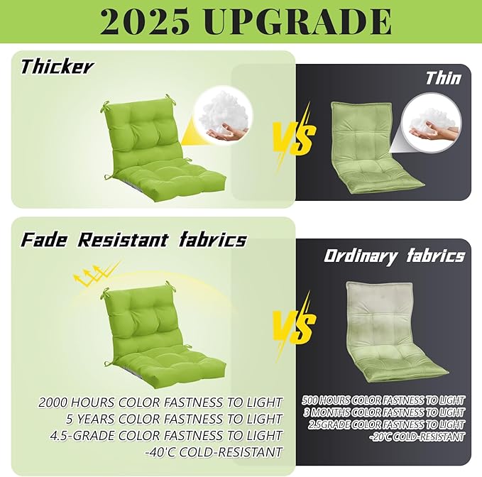 Marsui 2 Pcs Outdoor Indoor High Back Chair Cushions Patio Furniture Tufted Pillow with Ties Water-Resistant Replacement Outdoor Rocking Chair Cushions, 42 x 21 Inches (Fruit Green,Solid Color)