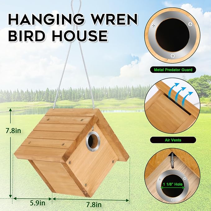 Gtongoko 1-1/8" Entrance Hole Wren House, Hanging Wren Bird Houses for Outside for Nesting with Metal Guar Bird Nest with Air Vents, Clean Door for Wildbird Watching 1 Pack