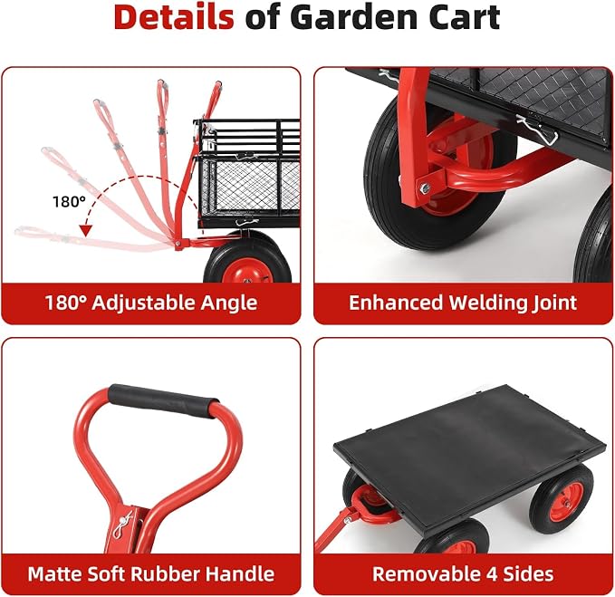 GarveeHome 1400Lbs Heavy Duty Steel Garden Cart, Garden Wagon Cart on Wheels, Metal Yard Utility Wagon with Removable Mesh Sides, 2-in-1 180° Rotating Handle and 16 Inch Wheels for Garden, Farm, Yard
