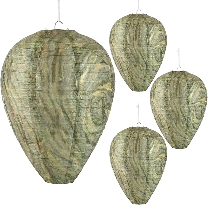 DECYOOL 4 Pack Paper Wasp Nest Decoy Hanging Wasp Nest Stay Away from Wasps Hornets Yellow Jackets