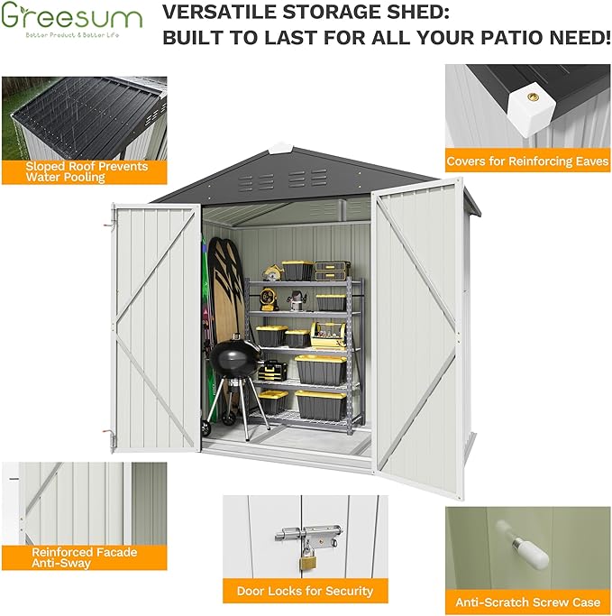 Greesum 6x4FT Outdoor Storage Shed with Base, Utility Tool Shed with Sloping Roof, Metal Storaged Garden Shed with Door & Lock for Patio Storage, White