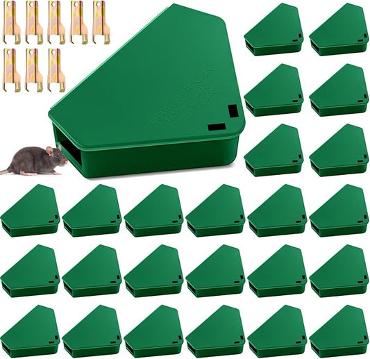 Qualirey 24 Pcs Mice Station with Key Triangle Mouse Station Lockable Reusable Bait Box, Enclosed Design for Indoor and Outdoor Use, Suitable for Small Mice (Green)