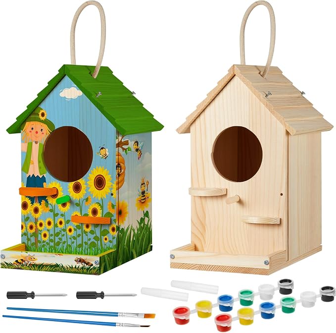 Liliful 2 Pack Wooden Birdhouse Kit for Kids and Adults, DIY Painting Set & Real Outdoor Birdhouse, Durable Craft for Garden, Classroom, Birthday Gifts Ages 3-5 4-8 8-12