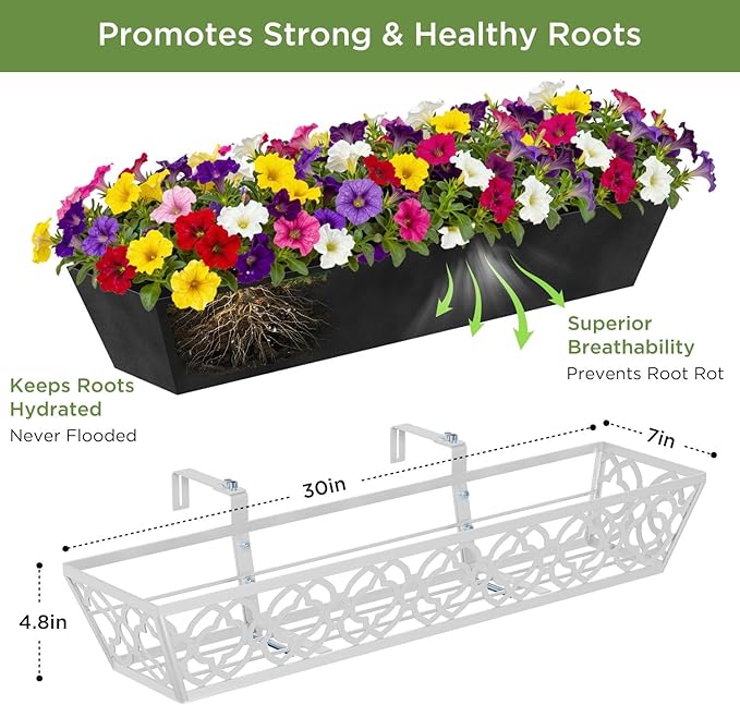 HFHOME 2 Pack 30 Inch Railing Planter Boxes with Adjustable Brackets & Non-Woven Fabric Liner Adjustable Gray Metal Window Box Planter for Balcony Deck Fence, Hanging Flower Basket for Outdoor Garden