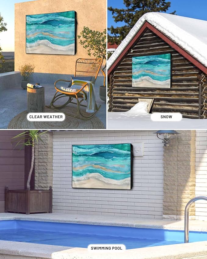 Outdoor TV Cover 48-50 Inch Weatherproof, Teal Coastal Outdoor TV Enclosure with Zipper & Roll Up Front Flap, Summer Beach Nautical Abstract Art Waterproof TV Covers for Outside Flat Screen TV