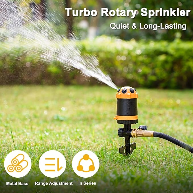 FANHAO Gear Drive Lawn Sprinkler with Metal Spike Base, 6-Pattern Heavy Duty Water Sprinkler System, Multi-Adjustable Irrigation Sprinkler for Large Yard Area Watering, Garden Plant and Flower Bed