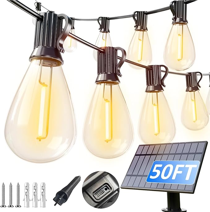 luckystyle 50FT Solar String Lights Outdoor Waterproof with 18+1 LED Bulbs Long Last for 20+Hrs, Commercial Grade Shatterproof USB Patio Solar Powered Lights for Camping，Backyard, Garden, Porch Decor