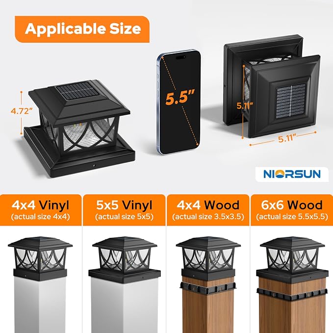 NIORSUN Solar Post Lights Outdoor, Fence Post Solar Lights with 3 Color Temps &2 Brightnesses, Edison LED Bulbs Fence Deck Decor, 4x4 Posts Caps, 4x4 &5x5 Vinyl, 4x4 &6x6 Wooden (8 Pack,Black)