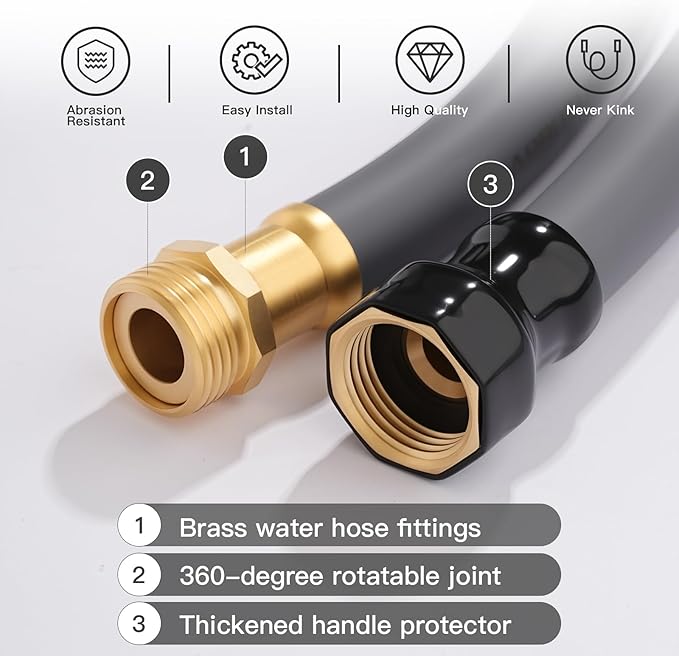 Garden Hose 5/8" x 5ft Brass Rubber Heavy Duty Water Hose 600 PSI Burst Pressure, Durable Flexible Hose for Yard, Car Wash, Pets Gray