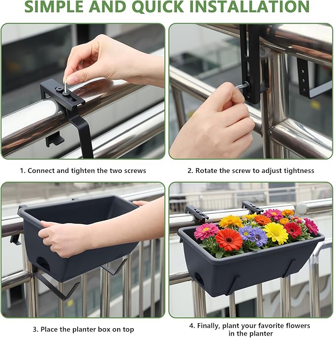 OYEAL Deck Railing Planter Box 4 Pack Window Boxes Planters with Adjustable Brackets, 17 Inch Hanging Flower Pots for Plants for Front Porch, Garden Fence, Apartment Patio Balcony Decor, Grey