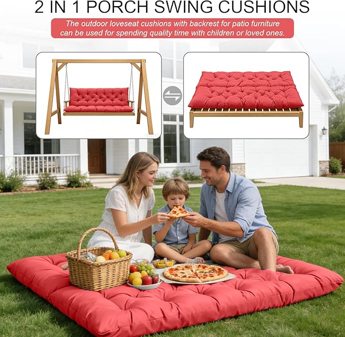Porch Swing Cushions, Outdoor Swing Replacement Cushions 3 Seater with Backrest, Waterproof Bench Cushion with Ties,for Patio,Porch, Garden,Backyard