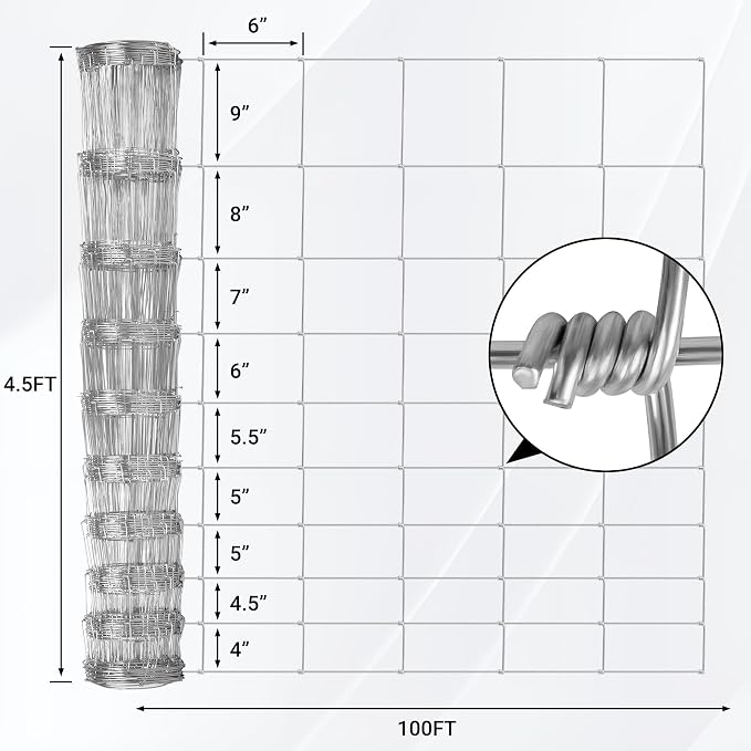 Farm Fence 4.5FT x 100FT, Galvanized Cattle Fence | Heavy Zinc Coating Wire Fencing, 14GA Livestock Fence, Goat Fence, Hog Wire Fencing Perfect for Livestock, Animals Protection