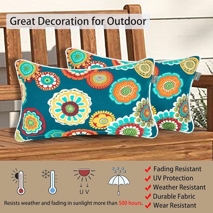 Magpie Fabrics Pack of 2 Outdoor Lumbar Pillow Case Covers 12"x20", Waterproof Rectangular Throw Pillowcase Shell Decorative Sham for Patio Garden Couch - Floral Green