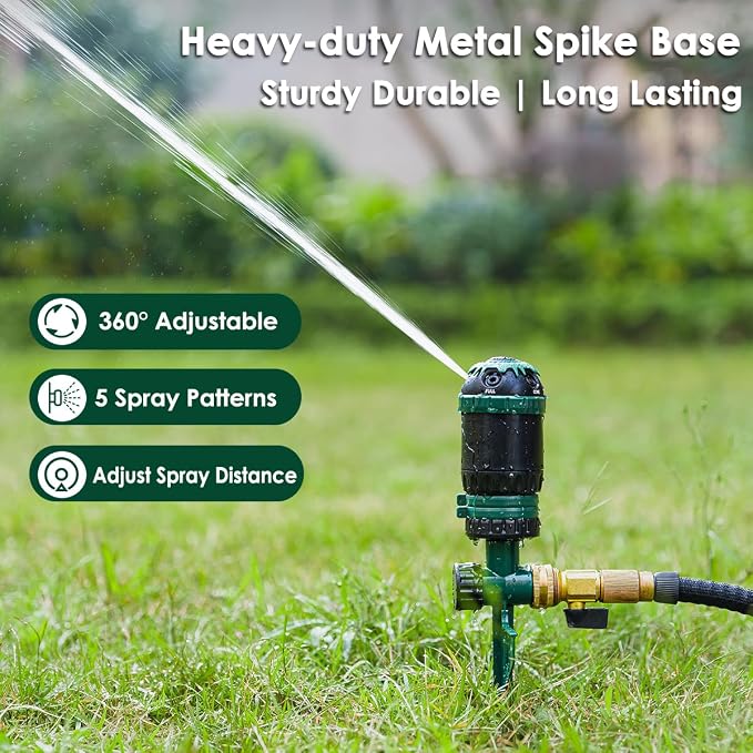 FANHAO Heavy Duty Gear Drive Sprinkler with Metal Spike Base, 5-Pattern Adjustable Sprinkler Irrigation System, 360 Degree Rotating Water Sprinkler for Large Area Yard, Garden Plant