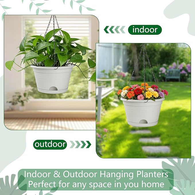 Nooulap 4 Pack Hanging Planters, 10 Inch Hanging Plant Pot with Hanger Chain & Drainage Trays, Hanging Baskets for Plants Outdoor Indoor, Flowers Pots for Home, Garden, Porch Decor (Grey)