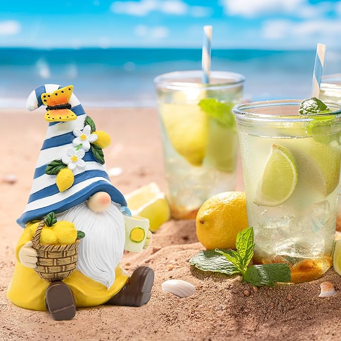 Lemon Decor Spring Garden Gnome, Mediterranean Decor Resin Figurines, Lemon Party Decoration for Home Kitchen Office Tiered Tray, Summer Gnomes Gifts