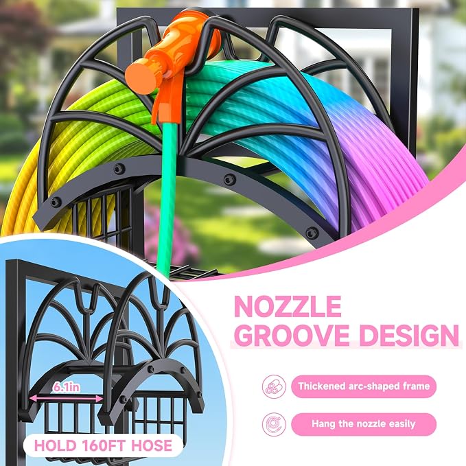 New Upgraded Garden Hose Holder with Storage Basket & Hose Storage Hanger Rack, Heavy-Duty Water Hose Holder Holds 160FT,Garden Hose Hanger Storage Rack for Outside Yard Lawn Farm