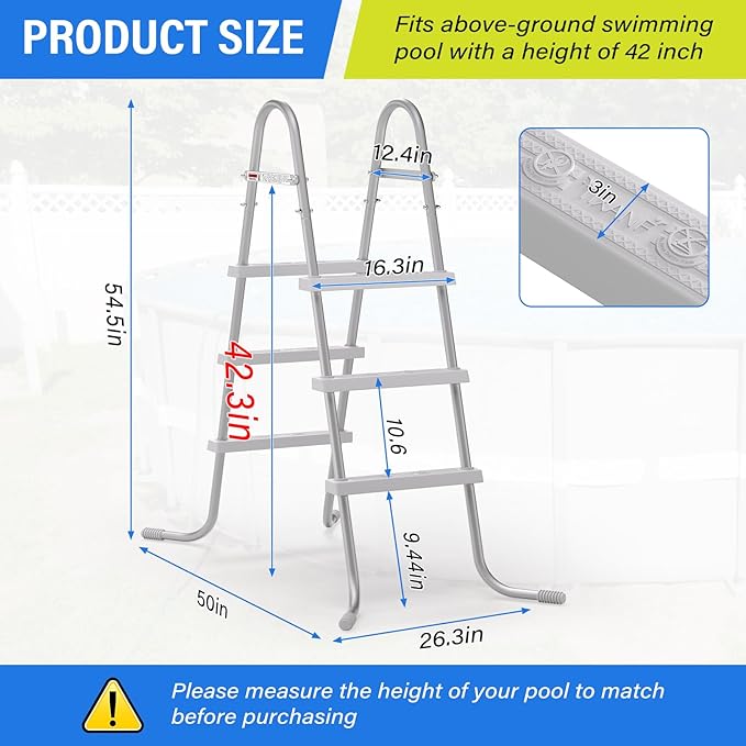 42" 3-Step Steel Frame Above Ground Swimming Pool Ladder,Heavy Duty Double Sided Removable Pool Steps,Pool Ladder Steps with Non-Slip Plastic Steps for Entry and Exit