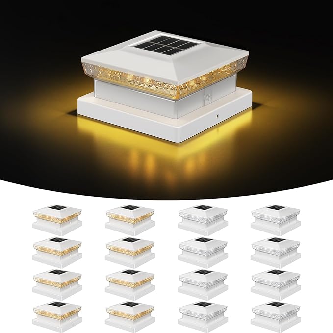 Solar Post Cap Light 4x4/5x5 – 16 Pack, Dual Color, 800mAh, 12H Runtime, Auto Dusk-to-Dawn On/Off, White