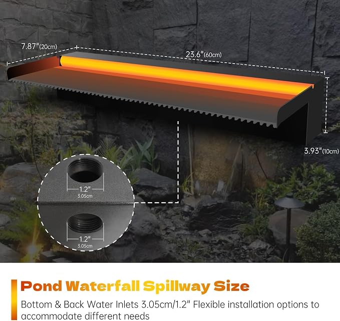 Pamopamo Pool Waterfall Spillway Stainless Steel Pond Fountain, APP Control Colorful LED Lighted Outdoor Black Fountains, Water Flow Spillways Kit for Koi Pond, Swimming Pool, Garden-23.6"x7.8"x3.9"