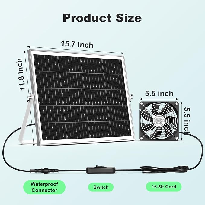 New 5.5" Solar Chicken Coop Fan 3 Kit, 35W Solar Powered Exhaust and Intake Greenhouse Fan Outdoor Waterproof, 16.5ft Cord, Strong Airflow, for Shed Air Circulation and Ventilation, No Battery