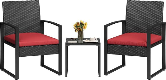 Garvee 3 Pieces Patio Bistro Set, PE Rattan Patio Conversation Set with Tempered Glass Coffee Table, Outdoor Wicker Furniture for Patio Garden Balcony Backyard, Black and Red