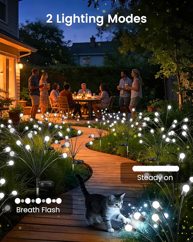OZS 8 Pack Total 64 LED Solar Firefly Lights Fairy Outdoor - Solar Garden Lights Outdoor, Sway by Wind, Waterproof for Garden Patio Pathway Fairy Decoration (Cool White)