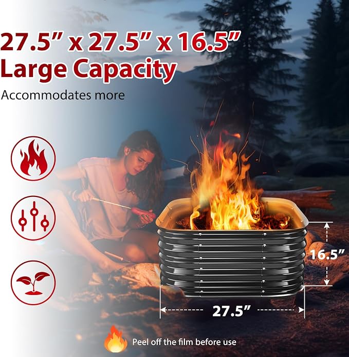 Height 16.5 Inch, Square Galvanized Steel Fire Pit for Outside, Heavy Duty Steel Fire Pit In-Ground for Backyard, Camping, Bonfire, Flower Raised Garden Bed for Garden (2.3x2.3x1.5ft)