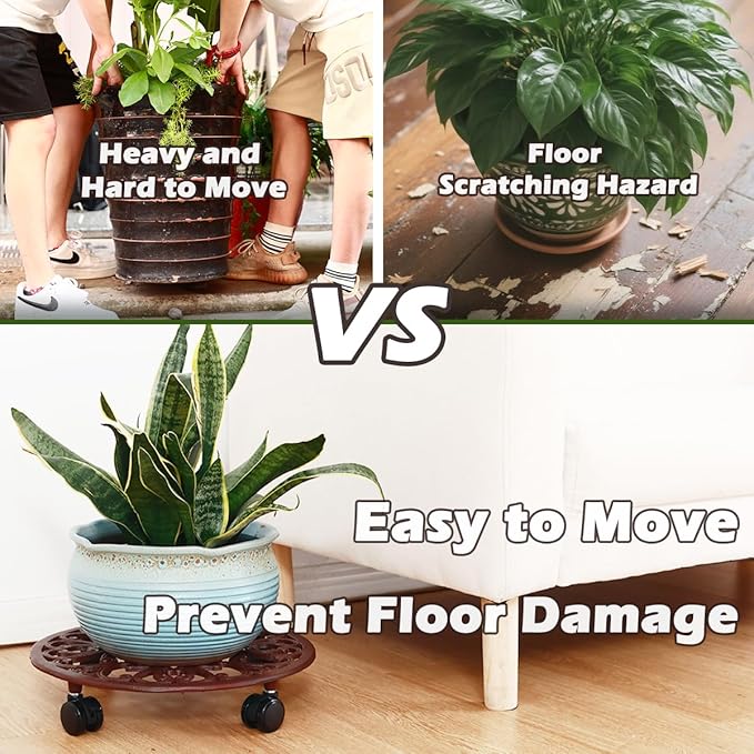 2 Packs 14 Inch Rolling Plant Stand with Wheels Metal Plant Caddy with Wheels Heavy Duty Round Plant Stand Indoor Iron Plants Rollers for Plants, Plant Dolly Brown