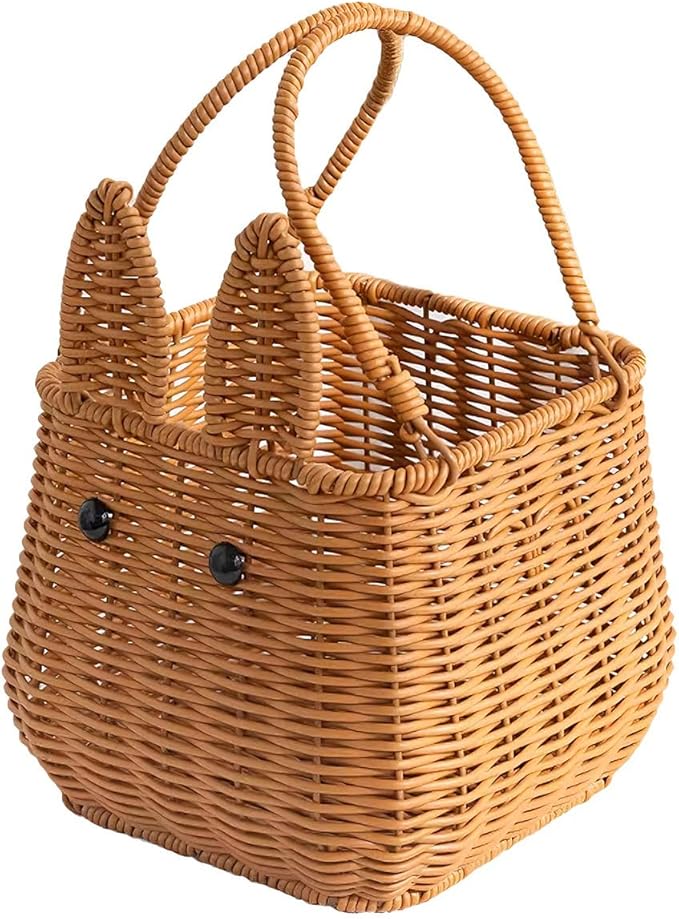 Picnic Basket, Garden Harvest Basket, Wicker Shopping Baskets with Foldable Handles, Reusable Handwoven Market Baskets for Carrying Shopping Storage Gathering (Brown, Bunny Ears)