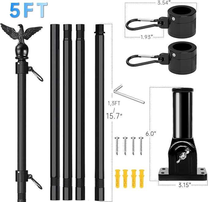 LETSTRY 5FT Flag Pole Kit for Outside House with American Flag & Solar Light,1" Thickened Stainless Steel Wall Mount Flagpole with 180°Adjustable Bracket for Residential Outdoor Porch, Black