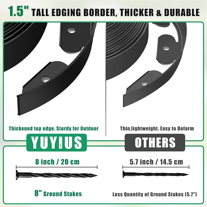Landscape Edging Border - 1.5”x60’ Garden Edging Border with 60 Stakes, No Dig Lawn Edging for Landscaping for Garden Bed, Thickened Top Edge Flexible Flower Bed Border Edging for Outdoor