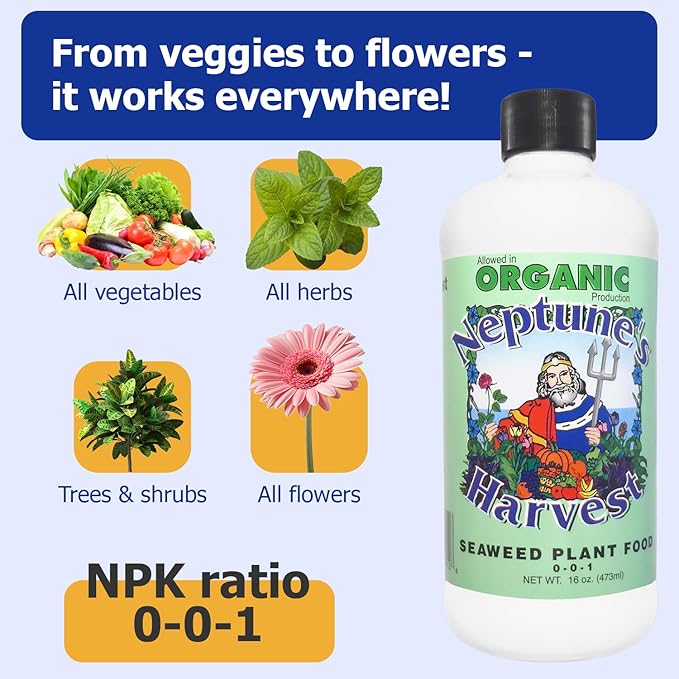 Neptune’s Harvest Seaweed Plant Food (0-0-1) - Multi-Purpose Seaweed Organic Liquid Fertilizer - Indoor & Outdoor Plant Fertilizer for Lawns, Gardens, Vegetables, & Flowers (Pint)