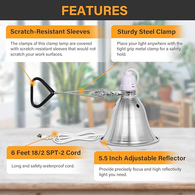 Simple Deluxe Clamp Lamp Light 60 Watt with 5.5 Inch Aluminum Reflector (no Bulb Included), 6 Feet Cord, 1 Pack, White