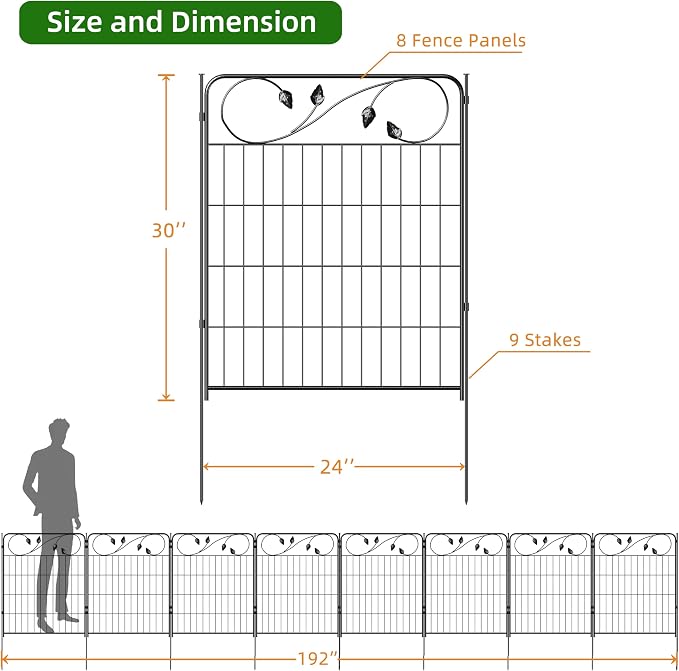 FOREHOGAR No Dig Decorative Garden Fencing 30in(H) X16ft(L) 8 Panels+9 Stakes Temporary Fence Metal Edging Patio Garden Fence Border for Flower Bed, Animal Barrier for Outdoor