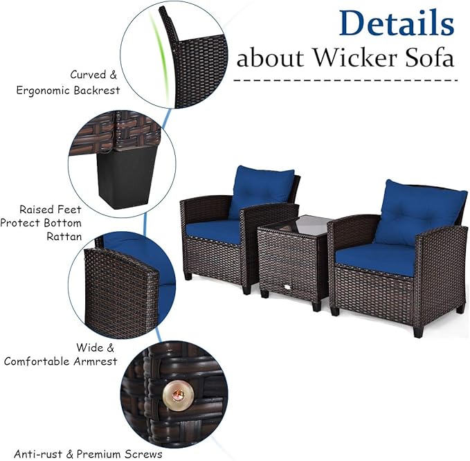 COSTWAY 3PCS Patio Furniture Set, PE Rattan Wicker Sofa w/Washable Cushion and Coffee Table, Tempered Glass Tabletop, Outdoor Conversation Set for Balcony, Porch, Yard, Backyard, Lawn, Navy Blue
