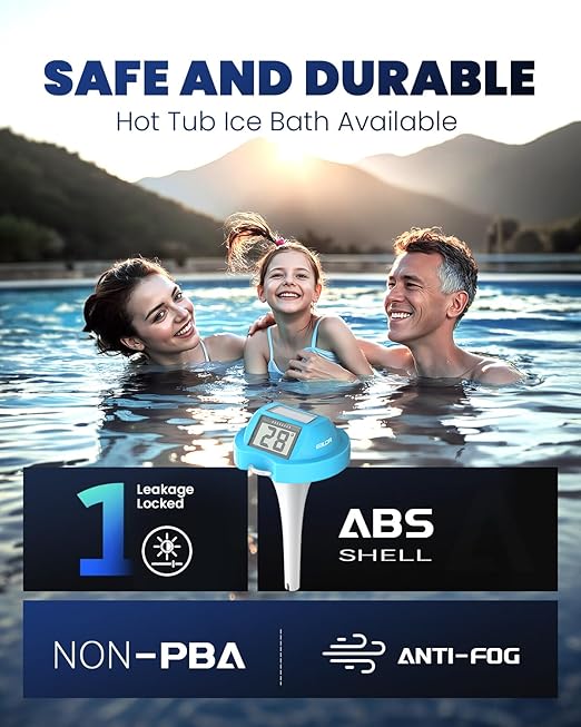 BALDR Pool Thermometer Floating Easy Read, Solar Digital Pool Thermometer with Dual Large Screens, IPX7 Water Temperature Gauge for Inground Above Ground Pools & Spas (Light Blue)