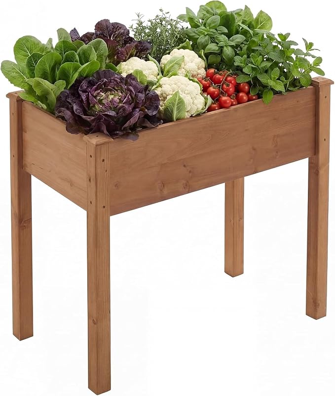 Simple Deluxe Raised Garden Bed with Legs, 34x18x30 Inch Wooden Planter Box with Liner, Elevated Outdoor Garden Box for Patio, Balcony & Backyard Use, Brown