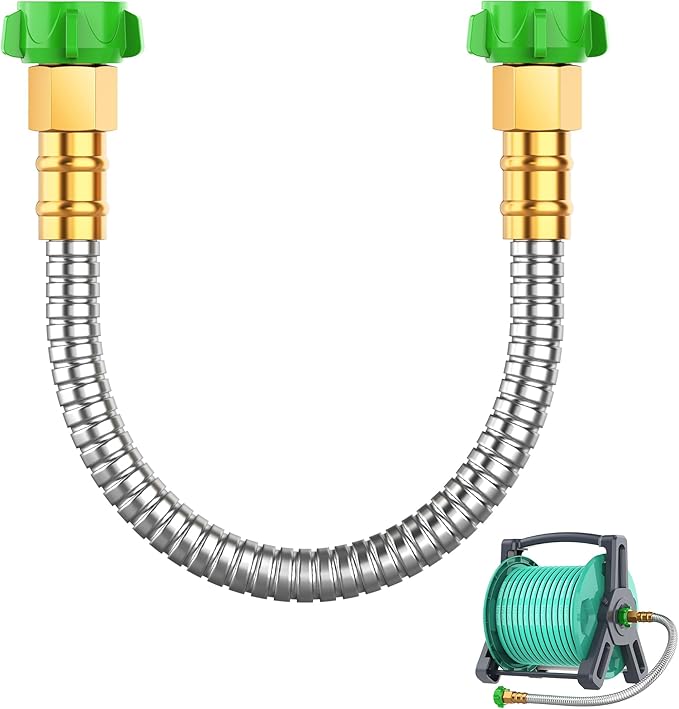 Short Metal Garden Hose 2 ft with Female to Female Connector， Stainless Steel Small Leader Hose for Hose Reel, Long, Flexible, Lightweight & Heavy Duty Water Pipe, Outdoor Water Hose Extension Adapter