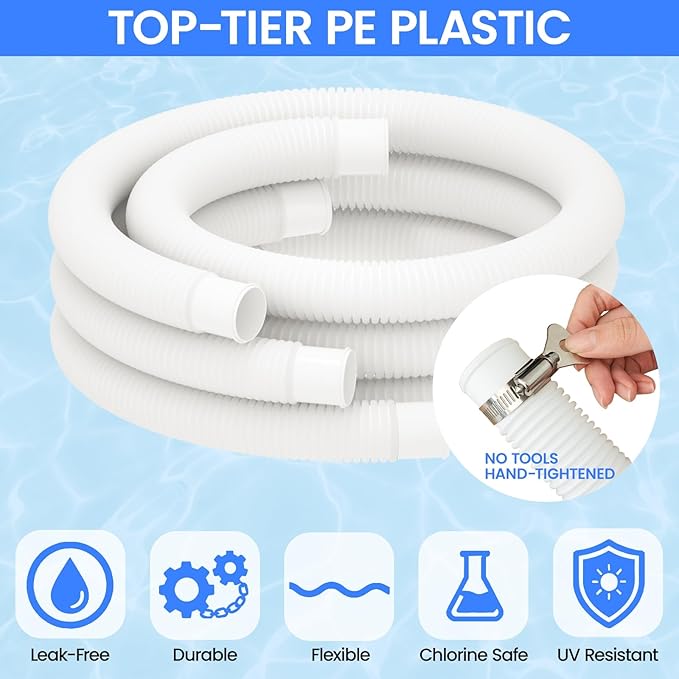 Poolvio Pool Hoses for Above Ground Pools 1.25" Diameter x 59" Long, 3-Pack, Heavy Duty UV Resistant & Leak-Proof Pool Pump Hoses with 6 Metal Thumb Clamps, Fits Intex Filter Pump 607/637