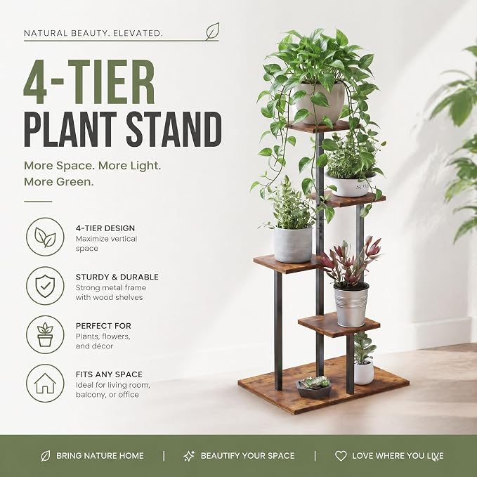 4 Tier Plant Stand Indoor, Multiple Plant Stands for Indoor Plants | Sturdy wood structure, space-saving corner design. Multi-layer rack holds multiple potted plants,ideal for living room